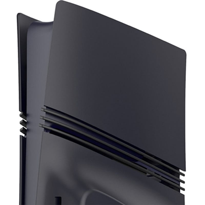 Black matte-finish ps5 pro disc version console with sleek angular design and horizontal ventilation slits featuring a matte faceplate cover.