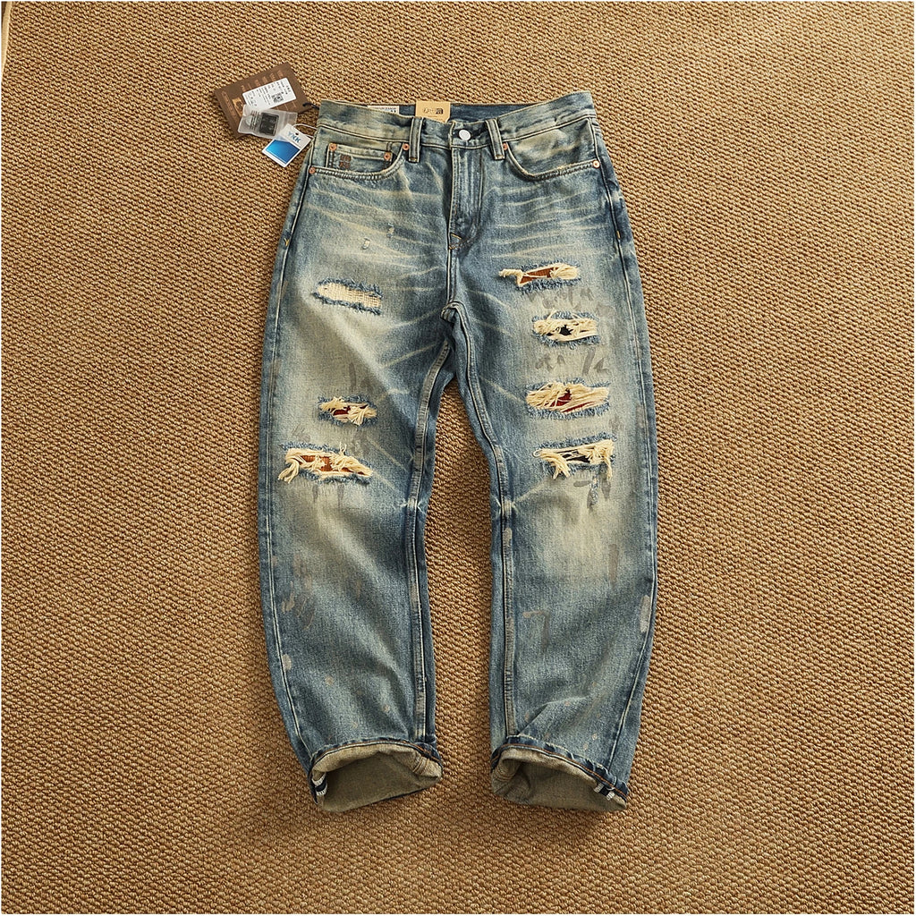 High Quality Heavyweight Denim Pants Men's High Street Trendy Patch-Distressed Whiskering Artisan Washed Tapered Straight Jeans