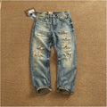 High Quality Heavyweight Denim Pants Men's High Street Trendy Patch-Distressed Whiskering Artisan Washed Tapered Straight Jeans