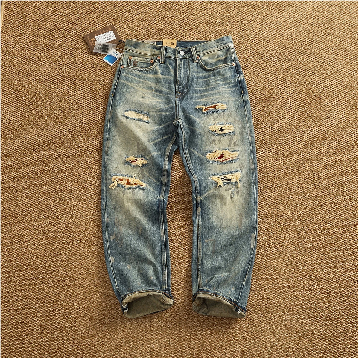 High Quality Heavyweight Denim Pants Men's High Street Trendy Patch-Distressed Whiskering Artisan Washed Tapered Straight Jeans