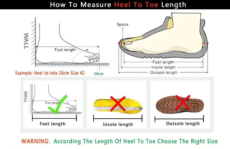 Instructional diagram showing how to measure heel-to-toe length for shoe sizing featuring men black leather chunky sole sneakers with correct and incorrect methods.