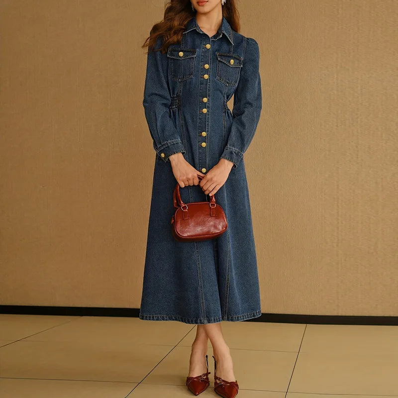 2026 Women's Fashionable Double-Breasted Denim Dress Short-Sleeved Casual Waist Belted New Style