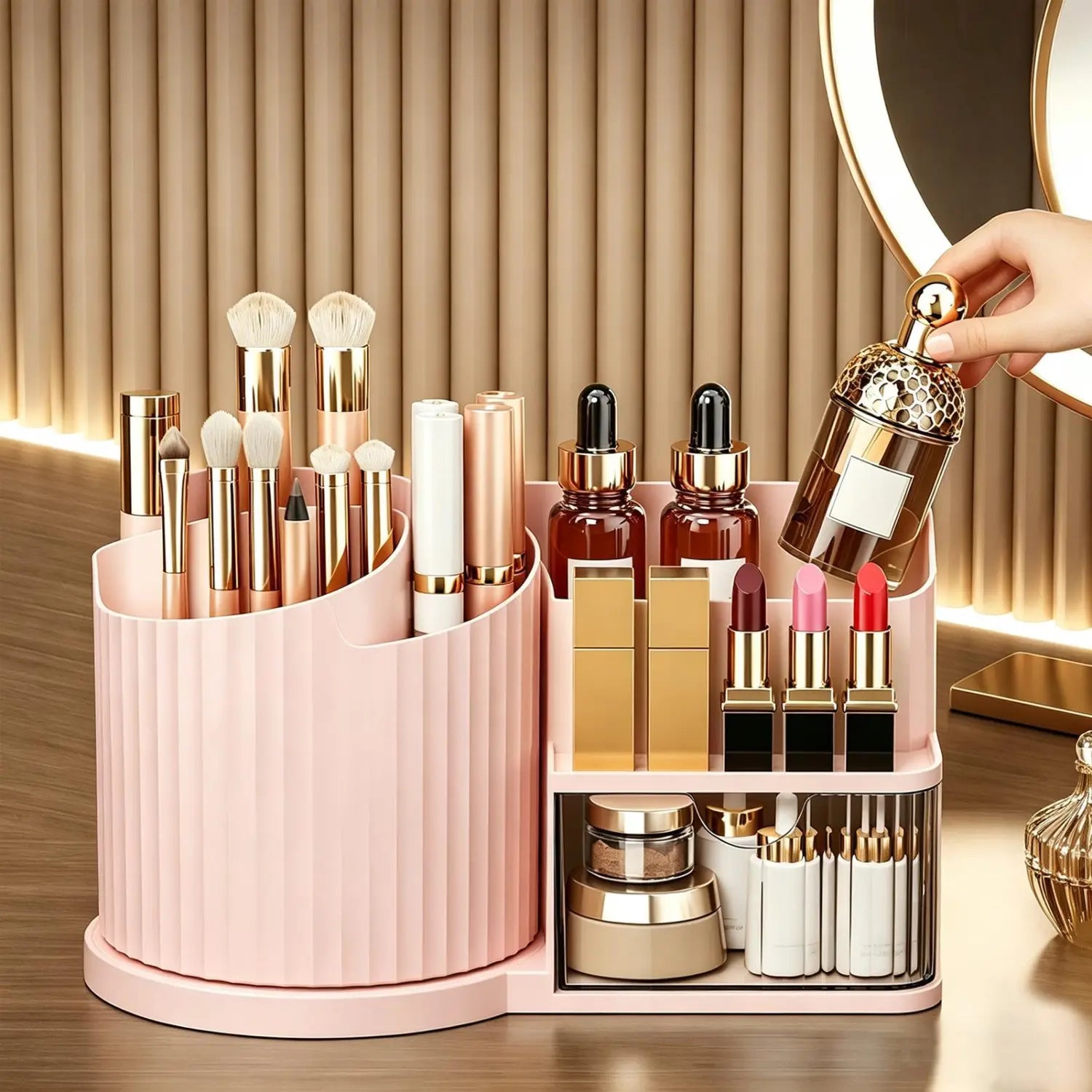 Rosa, gerippter Make-up-Organizer mit großem Fassungsvermögen und mehreren Fächern, zur Aufnahme von Pinseln, Lippenstiften und Skincare-Fläschchen – für einen effizienten Make-up-Waschtisch-Organizer.