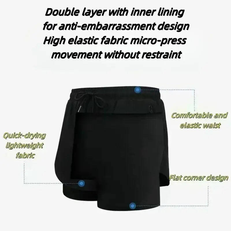 Pantalones cortos negros de doble capa para gimnasio de hombres con cintura elástica, confeccionados con tejido ligero elástico de secado rápido, con trabilla para la toalla y diseño de esquina plana.