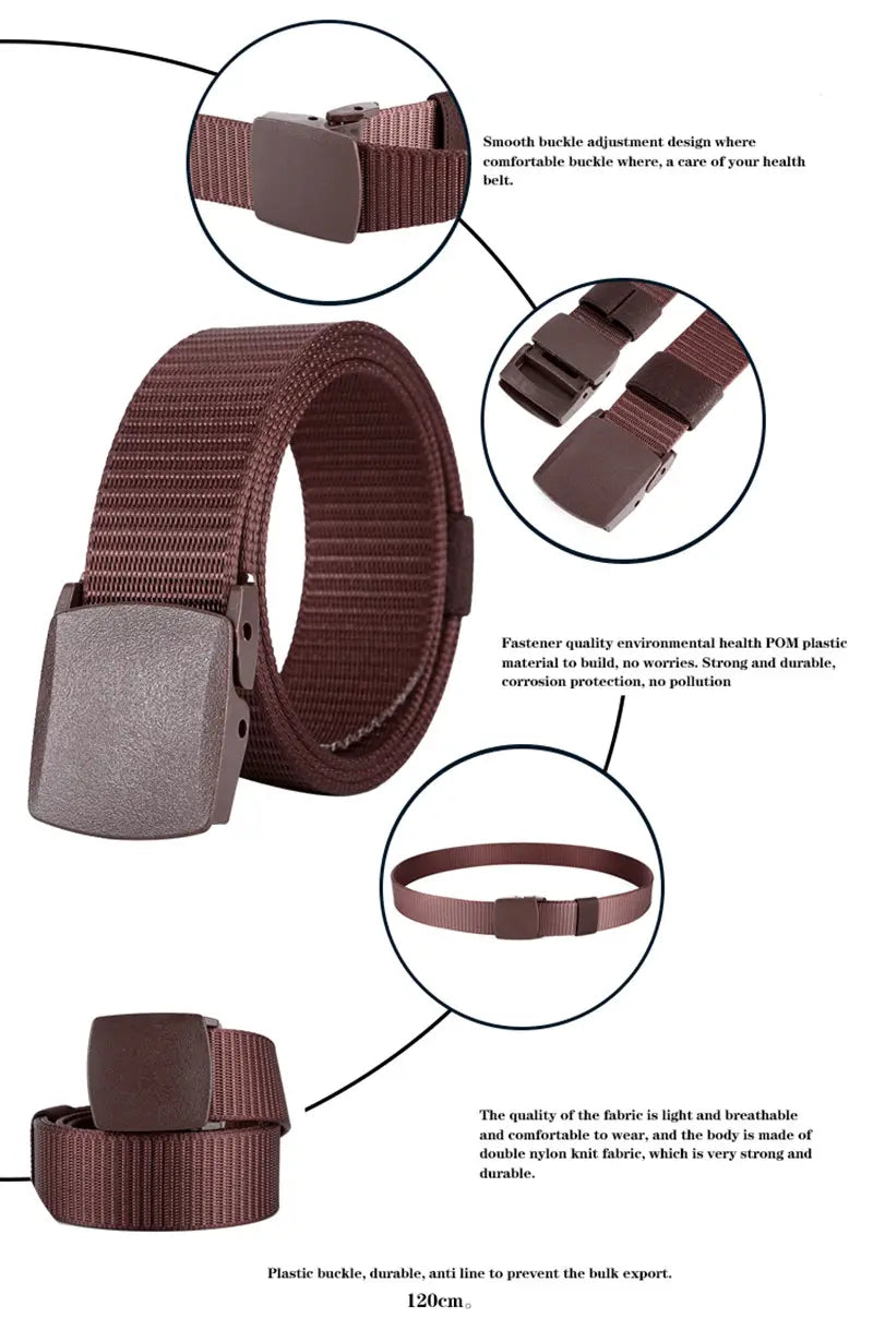 ceinture tactique en nylon marron avec double tissu en tricot de nylon et boucle en plastique noire mate, conçue pour un usage extérieur réglable.