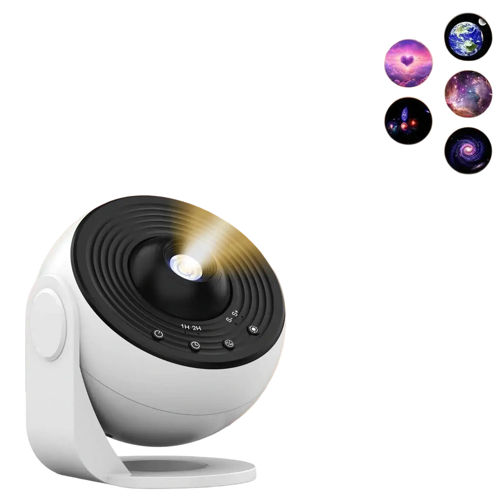 White and black spherical galaxy projector night light projecting a glowing cosmic galaxy pattern beam on ceiling