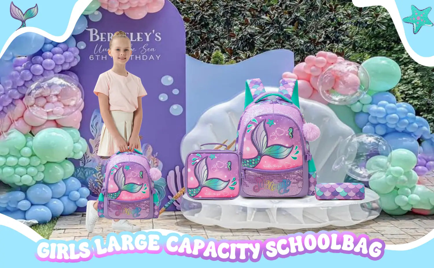 Schulrucksack-Set für Meerjungfrauen-Mädchen mit Lunchbox, mit einem Design im Meerjungfrauen-Thema in Lila und Pink, mit kräftigen Schuppen- und Schwanzmustern sowie großem Fassungsvermögen aus Stoff.