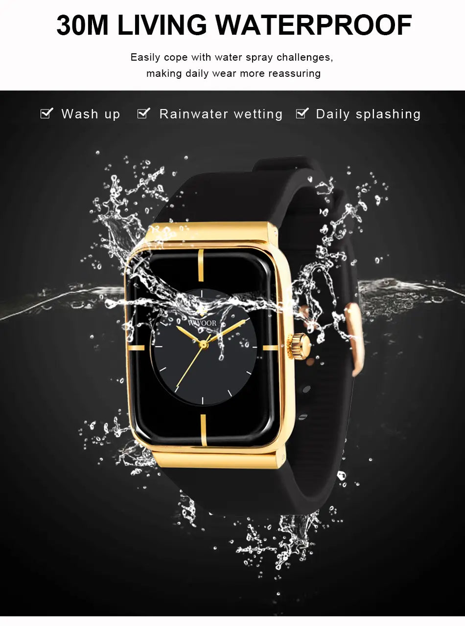 Wwoor gold rectangle quartz watch featuring a gold-tone rectangular case with a black dial and minimalist hour markers paired with a black rubber strap and water-resistant design.