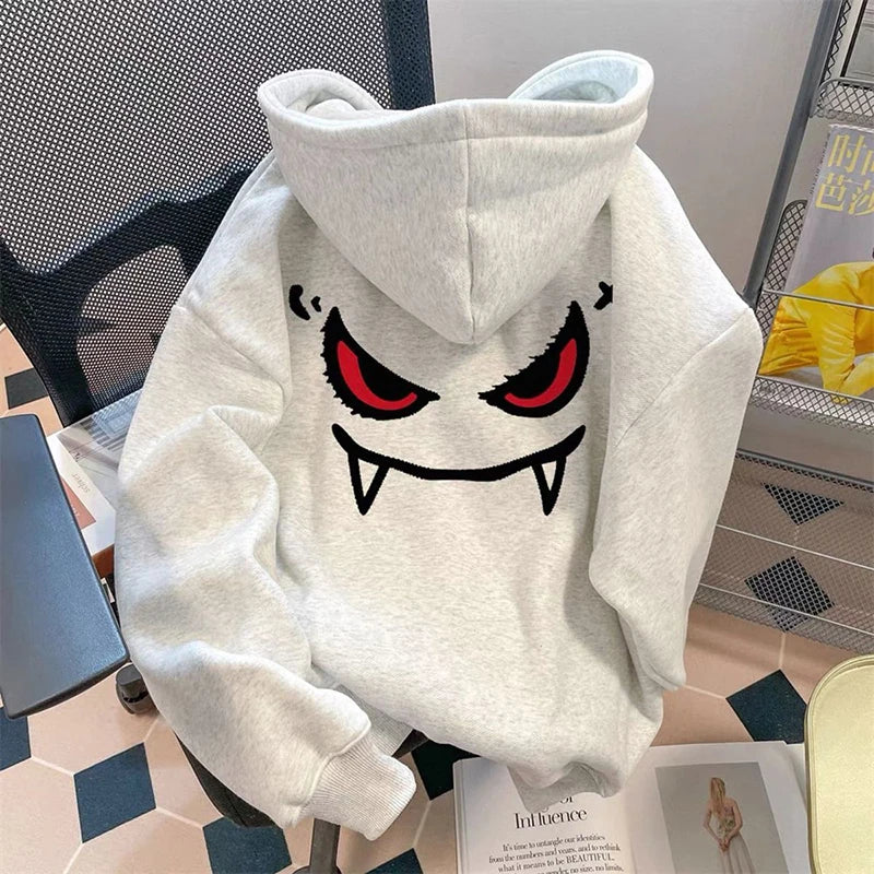 Cute Loose Hoodies Women Thick Warm Long Sleeve High Street Sweatshirts Fall Lazy Wind Female Casual White Gray Outwear Tops New