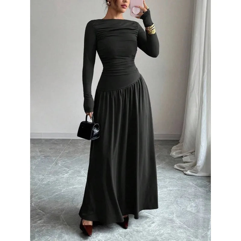 Elegant Women's Formal Dresses Modest Boat Neck Solid Color Long Sleeve Ruched Flowy Maxi Dress for Daily Evening Party Wear