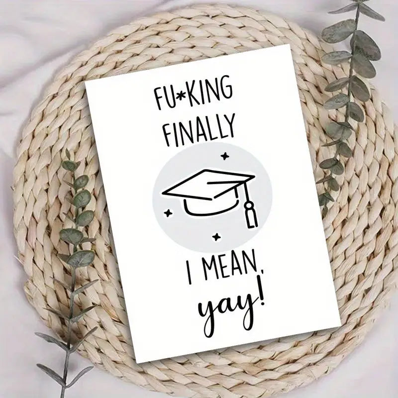 white graduation-themed greeting card with black text and minimalist line drawing of a cap in the center designed as a funny graduation card for him and her.