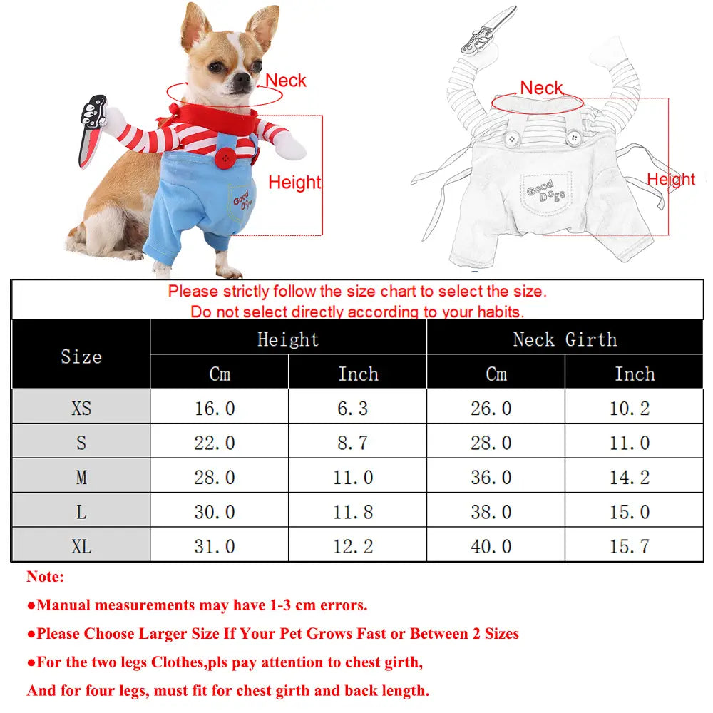 小型から中型の犬や猫向けの、ペットのコスプレおよび着せ替えイベント用に設計された、青と赤の縞模様のチャッキー風コスプレ衣装。