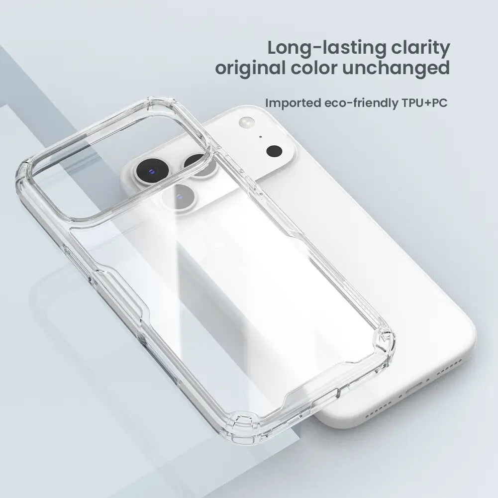 clear protective phone case for iphone 17 series made of imported eco-friendly tpu and pc material with reinforced edges and camera cutouts by nillkin nature tpu pro.