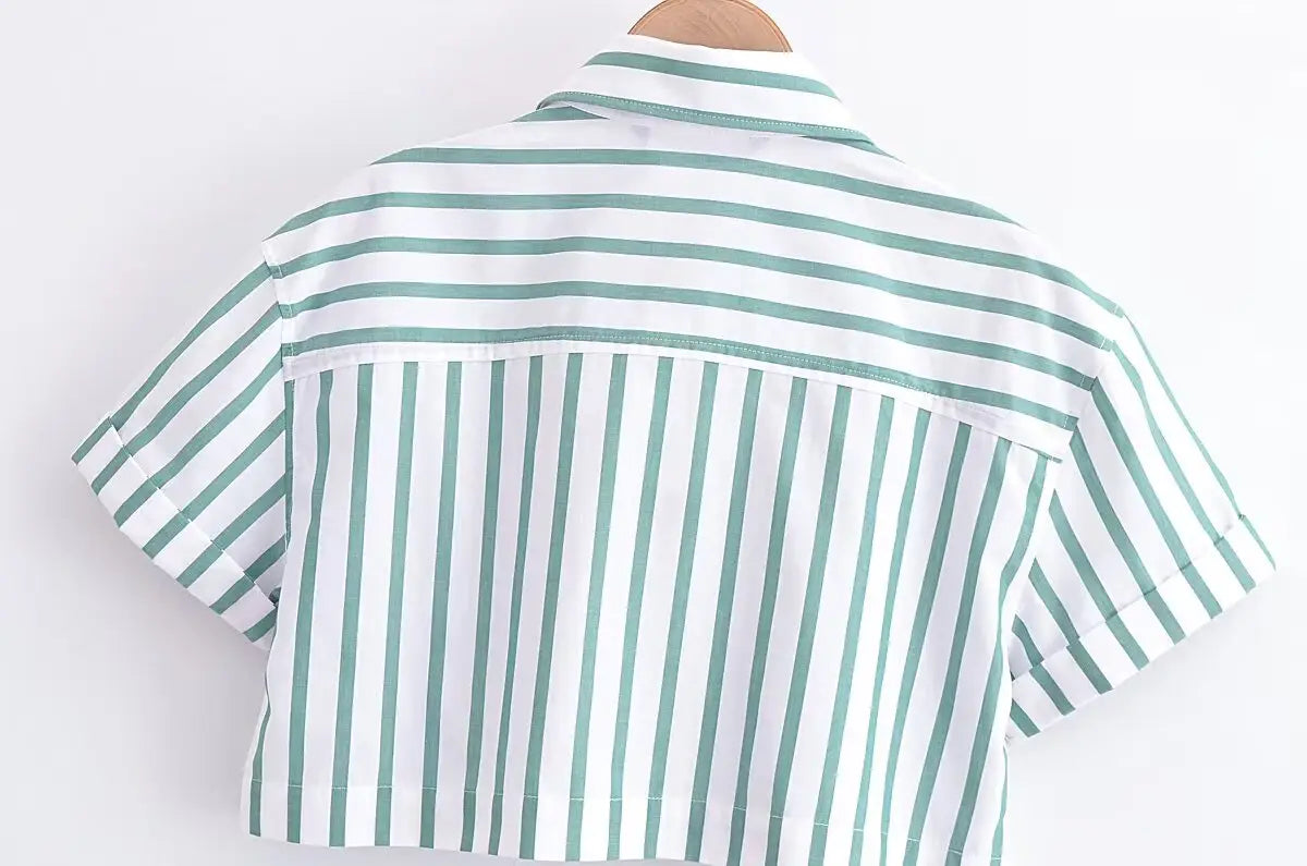 A short-sleeved cropped shirt with a white and mint green vertical stripe pattern for casual wear.