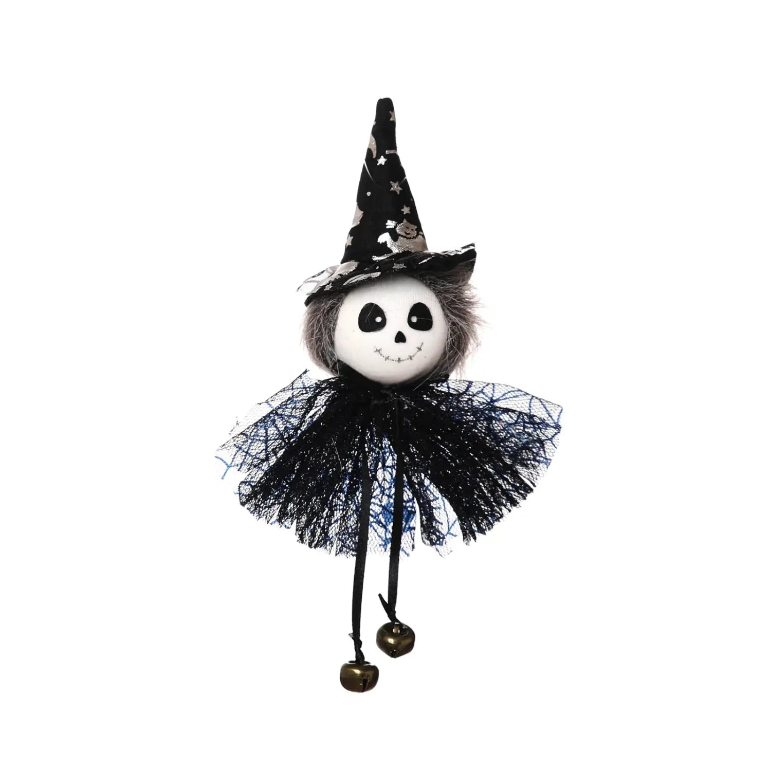 Figura de bruja de tela negra, adorno de halloween, con sombrero de patrón de estrellas, falda de encaje y campanillas colgantes, diseñada como un adorno tipo colgante de halloween.