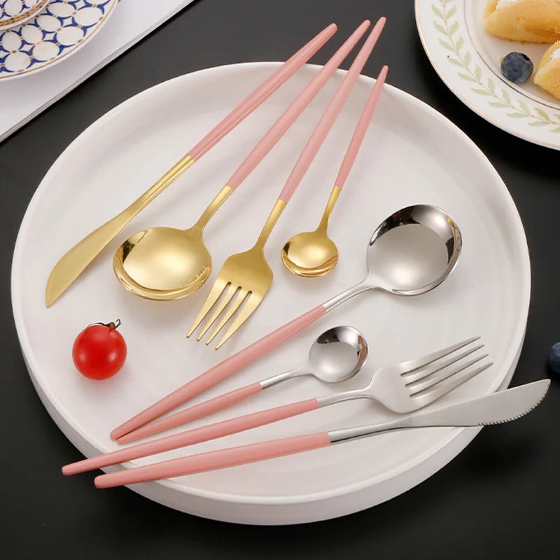 4/24pcs Stainless Steel Tableware Set, Luxurious Gold and Powder, Including Knife, Fork and Spoon, Suitable for Parties.