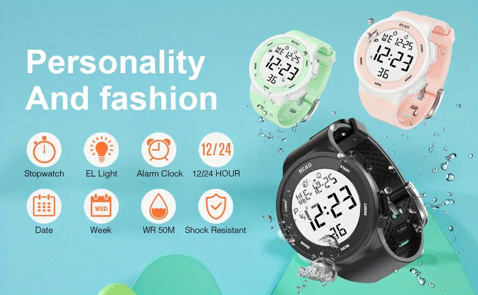 Black digital led watch for women with a sporty design, waterproof silicone material, and water-resistant features.