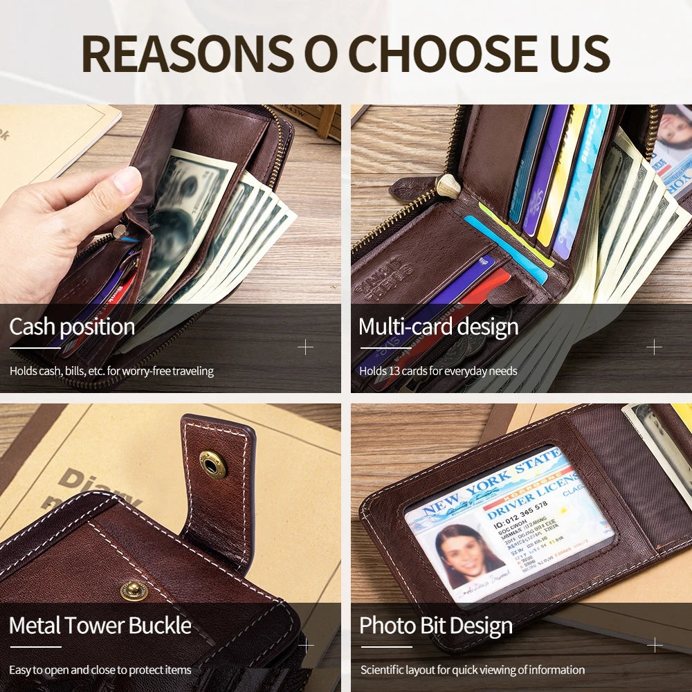 Leather wallet, men's leather coin purse, multi slot with photo album window, anti-theft brush, perfect gift item