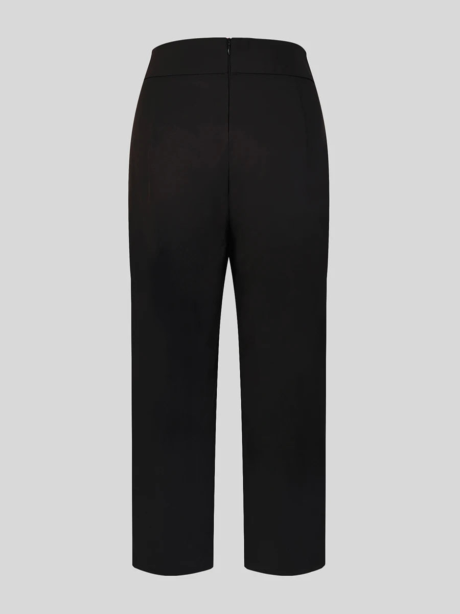 Wide Leg High-Waisted Trousers for Women, Elegant Black Office Pants with Gold Buckle, Professional Business Formal Trousers