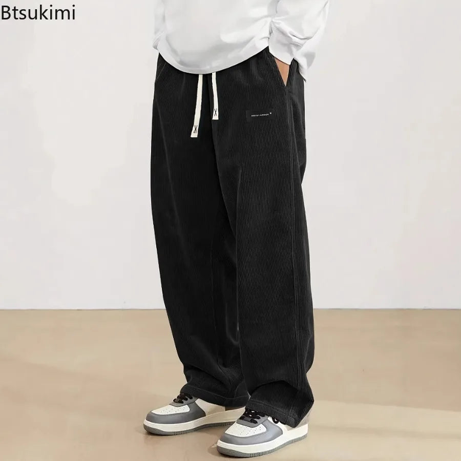 New Men's Comfortable Casual Pants Spring and Autumn New Style Loose Fit Velvet Fabric Solid Color Loose Long Trousers for Men