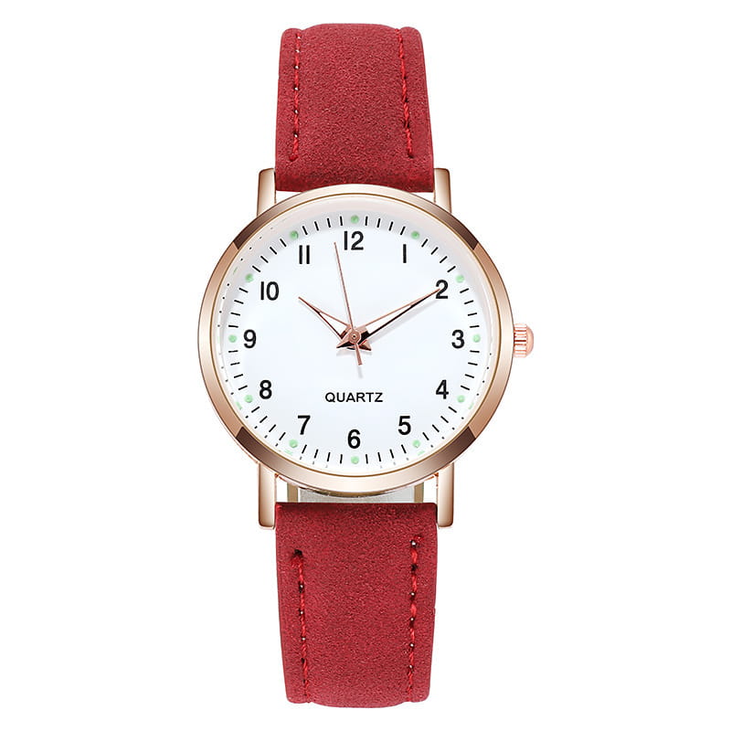 A delicate rose gold women leather quartz watch with a white dial and red suede strap.