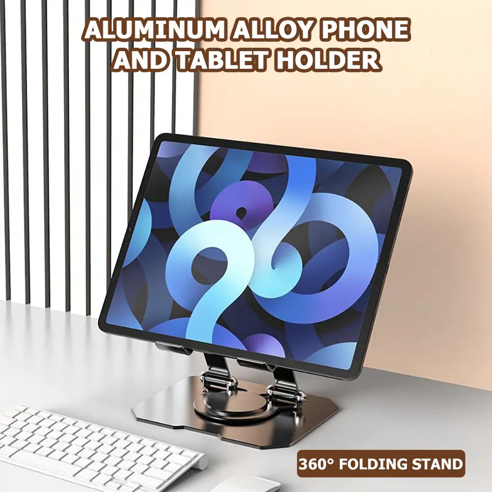 black aluminum alloy rotatable tablet stand adjustable with a 360-degree folding stand design for phones and tablets