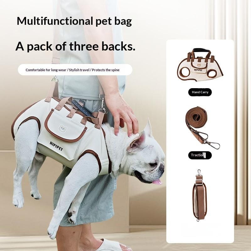 beige and brown oxford cloth small dog carrier backpack with adjustable straps for hand carry or traction and multifunctional hipipet design