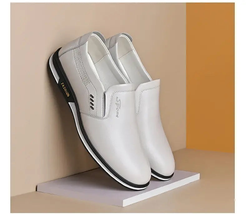Men leather slip on driving shoes casual loafers featuring white leather with black accents and a sleek modern design.