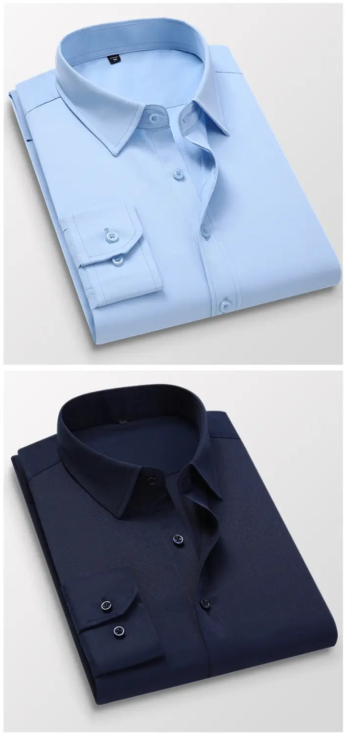 Men dress shirts casual long sleeve business office with light blue and dark navy colors featuring button-down collars and single-button cuffs suitable for club party or office wear.