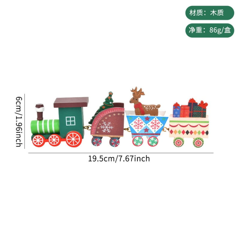 Eine Weihnachtszug-Tischdekoration aus Holz mit einem farbenfrohen Holz-Zugset, mit einer grünen Lokomotive sowie roten und blauen Wagen, die mit festlichen Schneeflocken und Geschenken verziert sind.