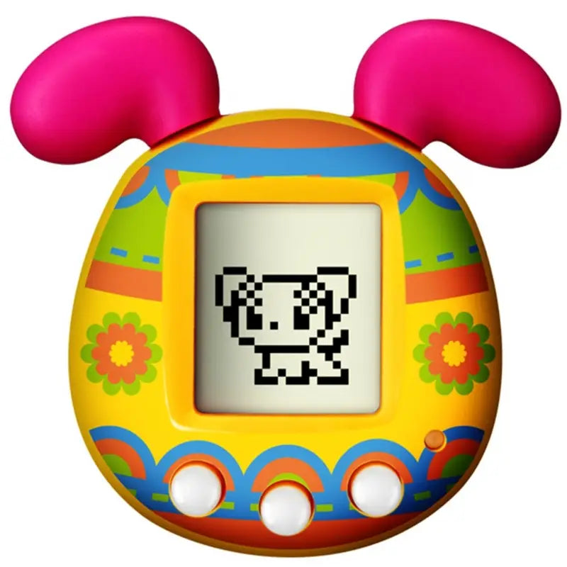 vibrant yellow virtual pet game handheld electronic toy with pink ears and colorful floral patterns featuring a pixelated pet display.
