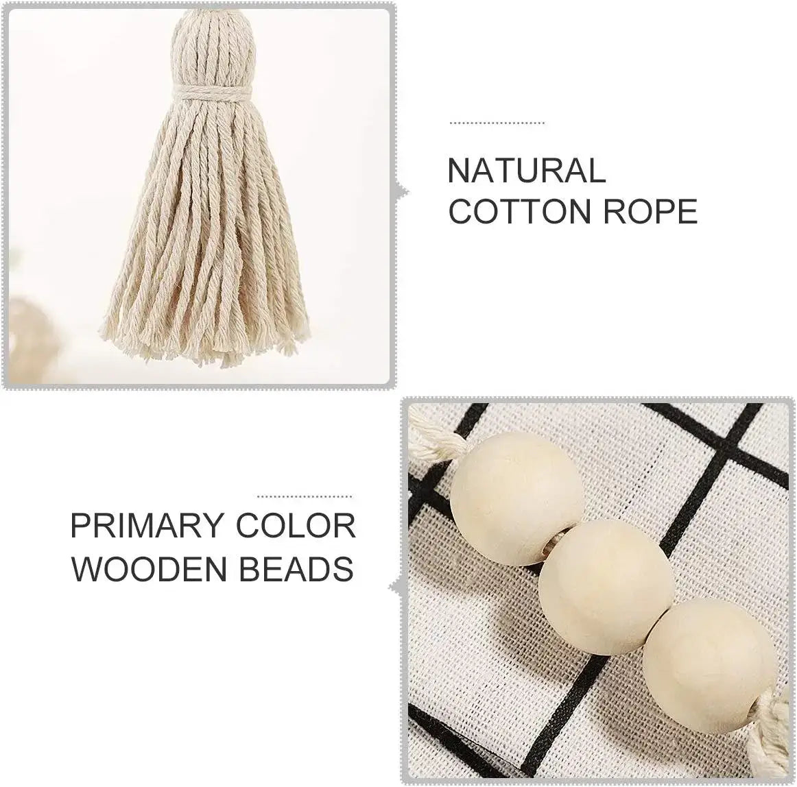 Hölzerner Perlengirlanden-Tassel-Anhänger mit natürlichen Baumwollseil-Tasseln und abgerundeten roten Holzperlen.