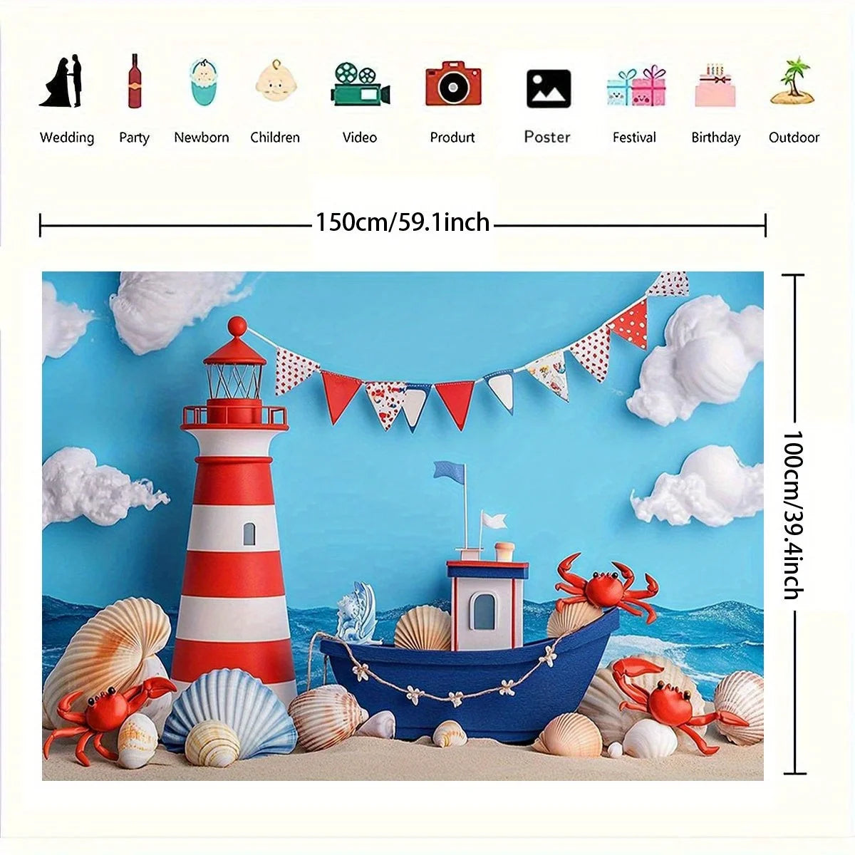 1 children's birthday background cloth with a nautical theme - colorful sailboats, lighthouses, shells and crab patterns