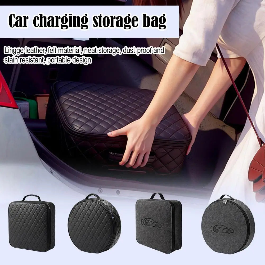 Bolsa de almacenamiento de cables de carga para vehículos eléctricos, de cuero lingge acolchado negro y material de fieltro, diseñada como organizador para el automóvil.