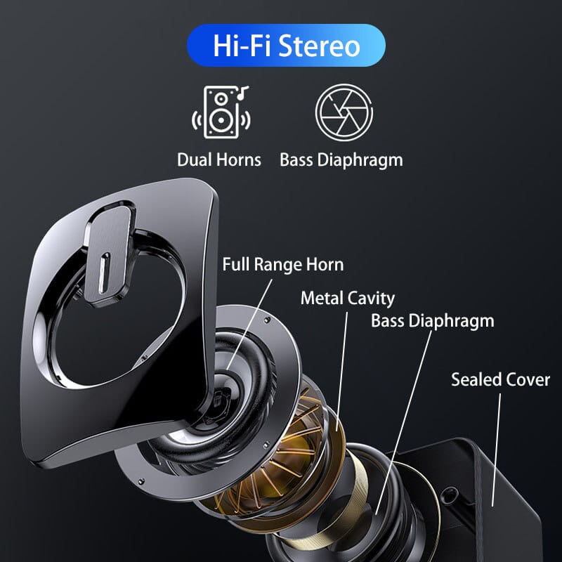 Black and gold usb computer speakers with led lights featuring dual horns, a bass diaphragm, metal cavity, and sealed cover for hi-fi stereo sound.
