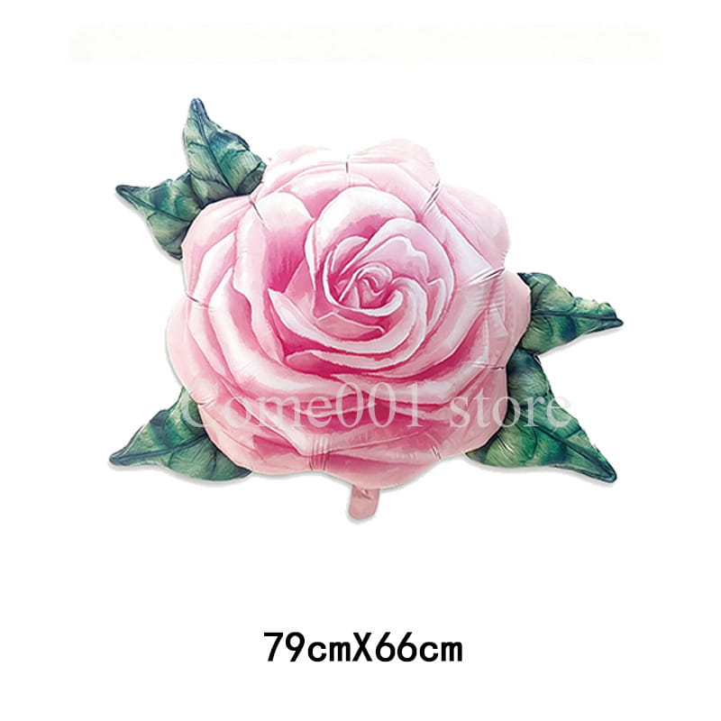A pink rose-shaped foil balloon with detailed green leaves ideal for party decorations.