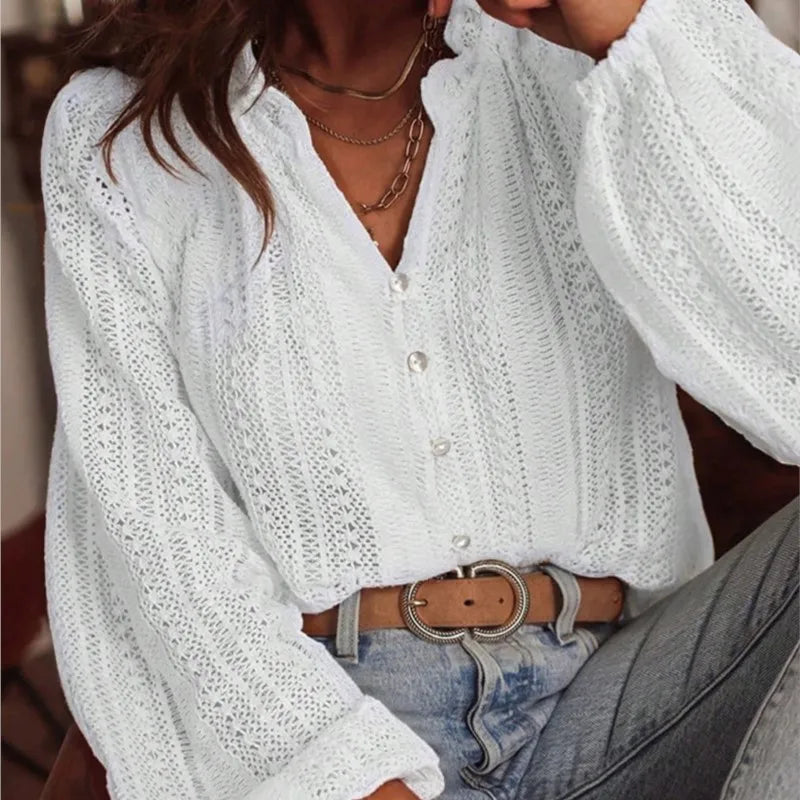 Women's Blouses Spring And Autumn New Loose Fashion Simple All-Match Hollow Lace V-neck Single Breaked Long Sleeve Women Shirts