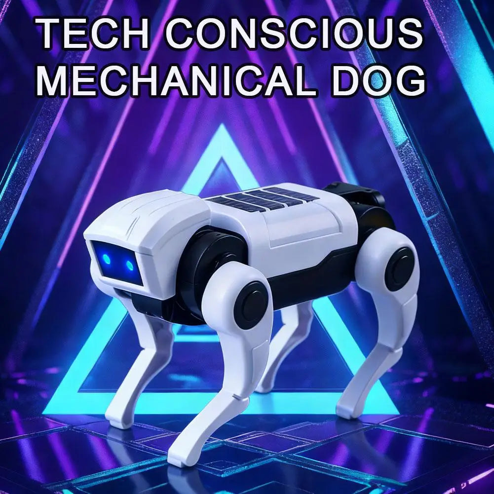 White and black mechanical dog toy with glowing blue eyes and solar panel on its back designed as an electronic pet diy robot kit.