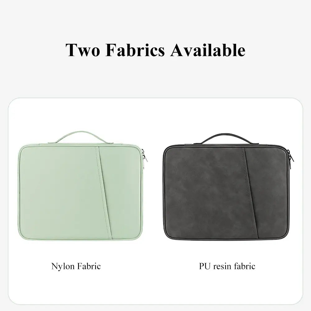 A sleek pink laptop sleeve for 11 to 13 inch laptops made of padded soft mint nylon or matte black PU resin fabric with a top handle and zipper closure.