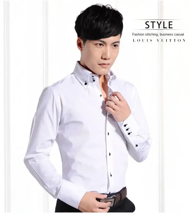 Men slim fit long sleeve dress shirt in white featuring black decorative buttons at the collar and cuffs.