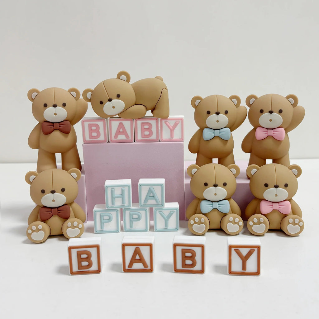 Baby Shower Party Mini Bear Cake Topper Blue Brown Pink Bear Shaped Decor for Kids Boys Girls Dessert Table Layout Accessories