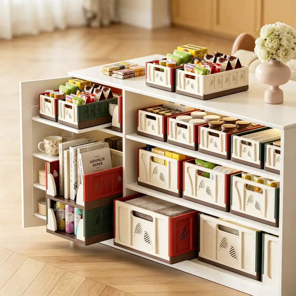 Foldable storage basket plastic stackable organizer featuring multicolored plastic bins with leaf-patterned handles and contrasting side panels showcasing the actual goods without chromatic aberration.