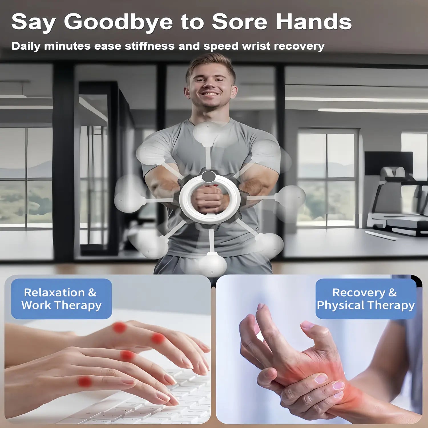 white wrist recovery device with spherical handles and a central ring designed as a rotary handheld arm fitness machine for rehabilitation and exercise.