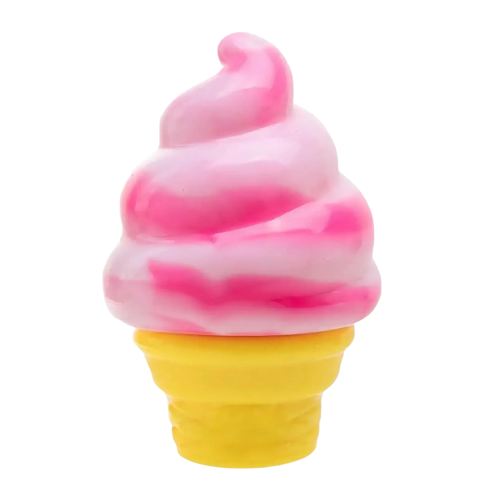 A front view of a pink and white swirled soft-serve ice cream cone toy with a bright yellow waffle base for stress relief