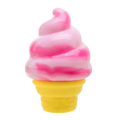 A front view of a pink and white swirled soft-serve ice cream cone toy with a bright yellow waffle base for stress relief