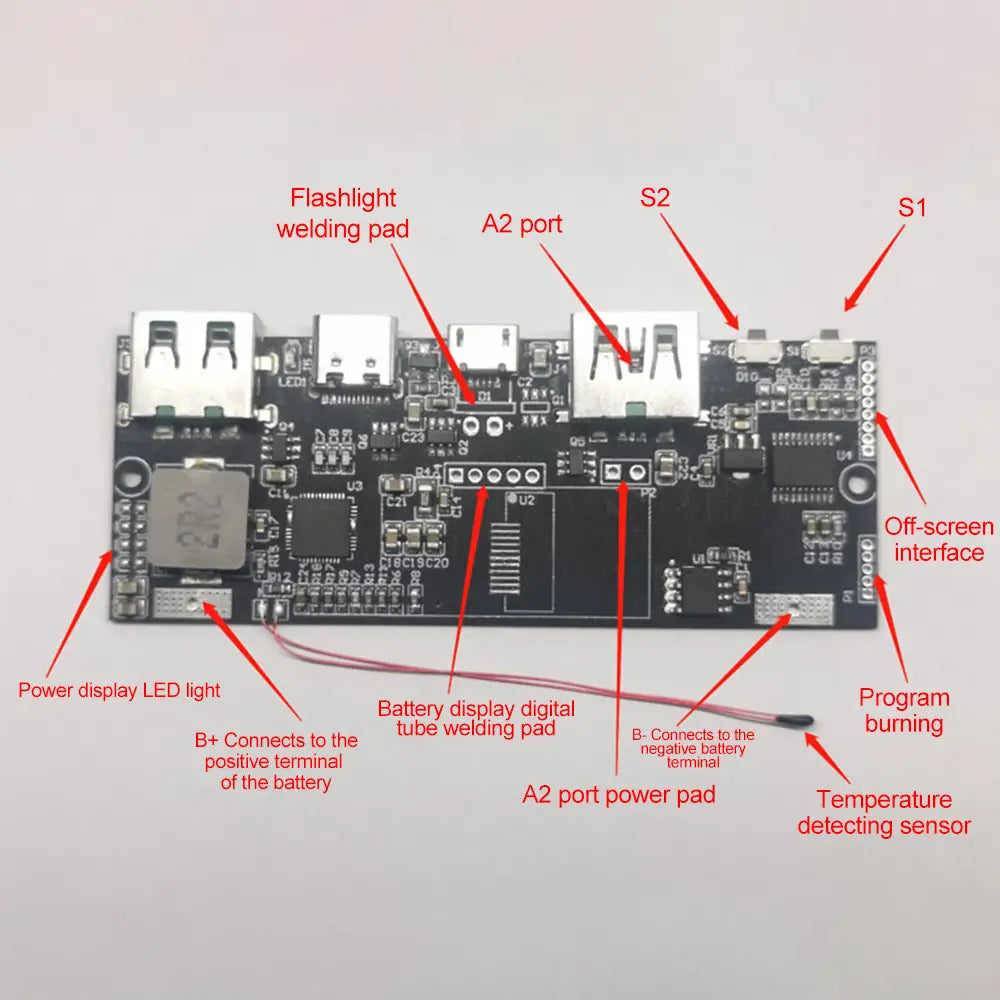 Black circuit board of a 22.5w fast charging wireless charger module with lcd display featuring multiple usb ports, solder pads, labeled electronic components, and output support capabilities.