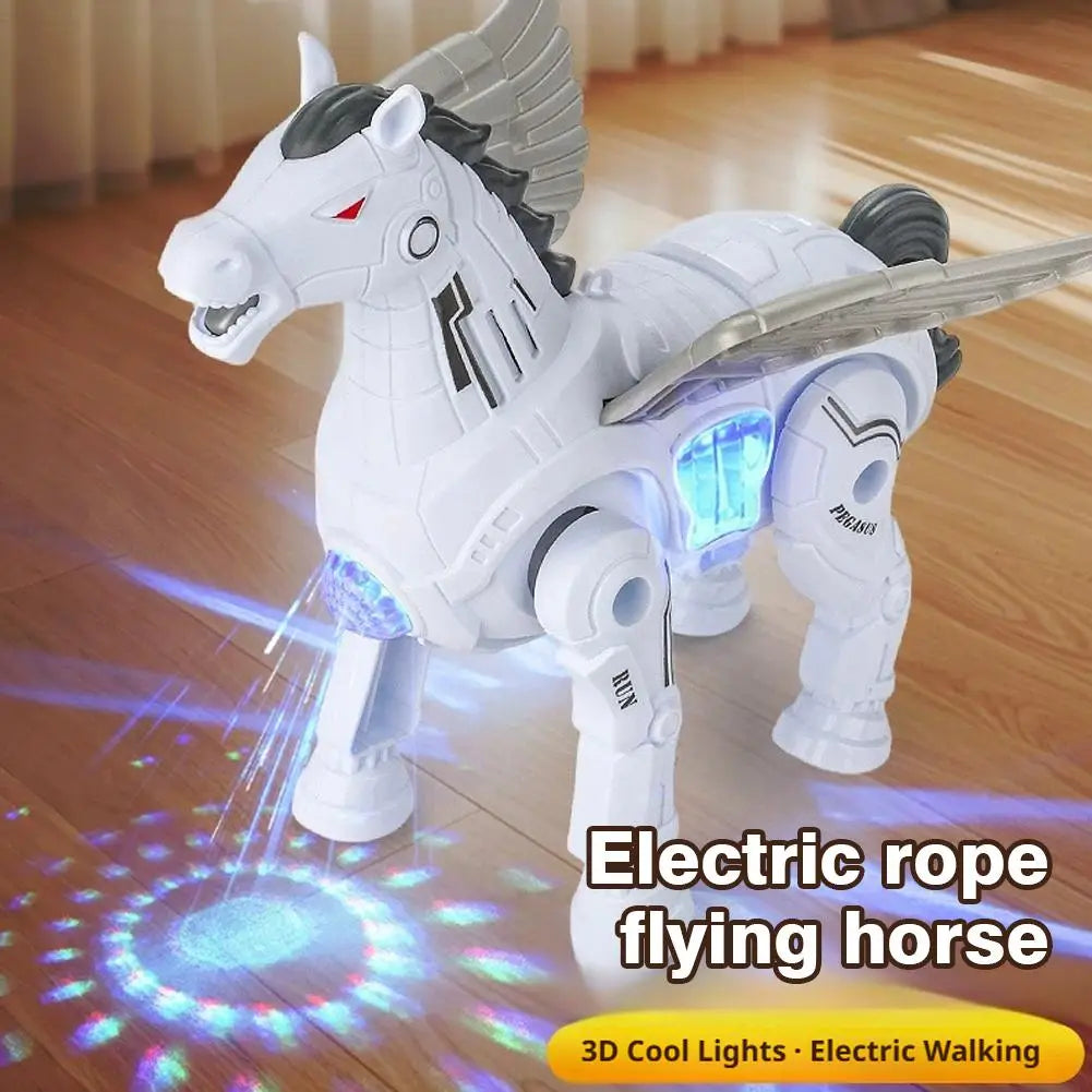 Interactive robotic walking pegasus toy featuring a white mechanical flying horse design with glowing blue lights black accents and wings.