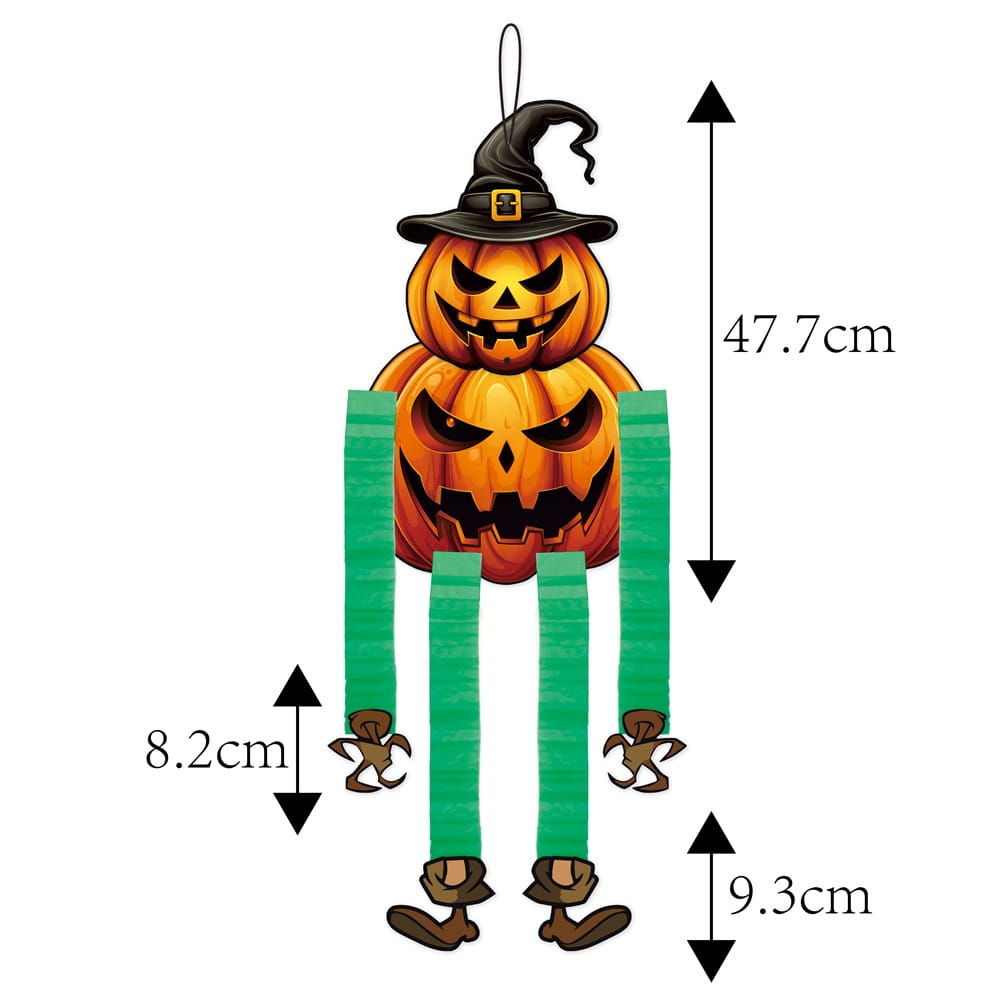Figur einer orangefarbenen Jack-O'-Lantern-Hexe mit grünen papierartigen Beinen und braunen Schuhen, trägt einen schwarzen spitzen Hut, aus Halloween-Papierschmuckanhänger-Ornamenten im 4er-Pack