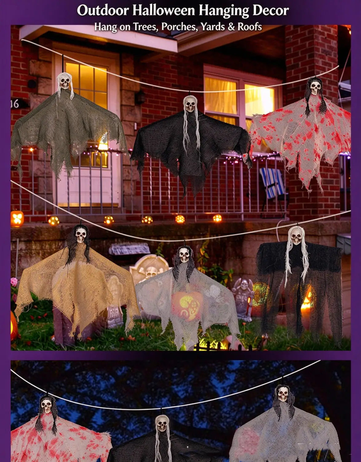 hängender Geist Halloween-Schreck-Accessoire in Schwarz-, Grau-, Beige- und blutbespritzten Designs für die Dekoration von Geisterhäusern.