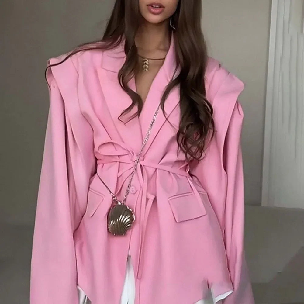 Women Belted Waist Blazer Jacket Padded Shoulder Lapel Collar Suit Coat  Autumn Office Elegant Formal Casual Workwear Outfit